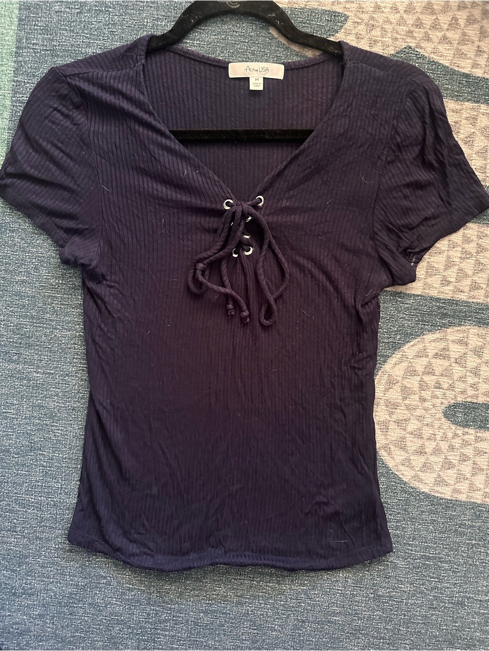 Active USA Navy Ribbed Lace-Up Short Sleeve Tee